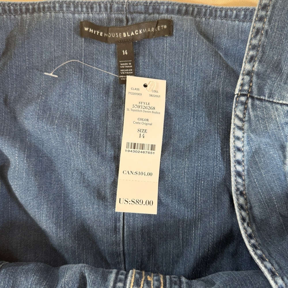 White House Black Market Topstitch Denim Bodice‎ Peplum Belted Top Blue 14 NWT - Picture 3 of 13